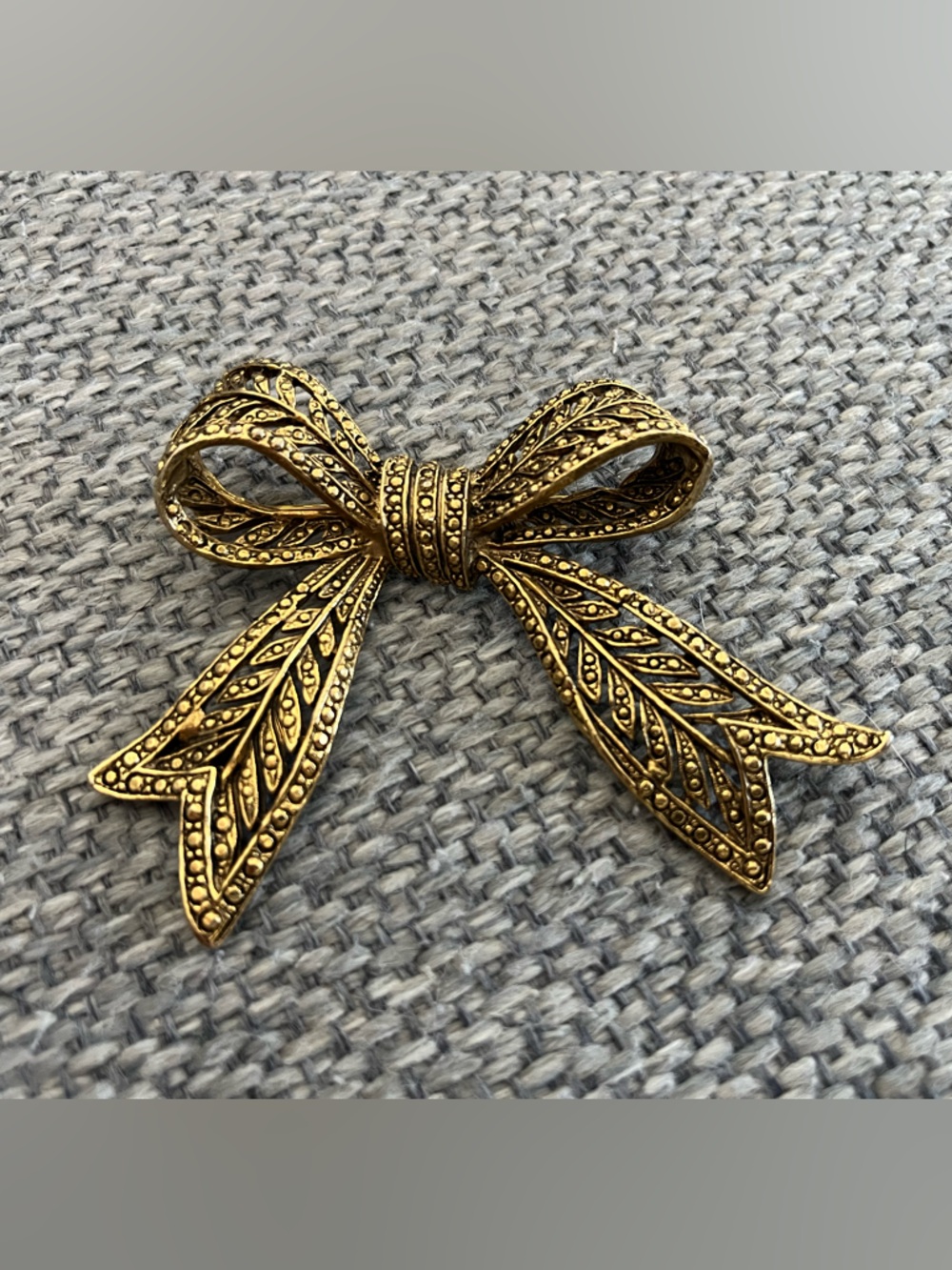 Vintage Ornate Gold Bow Brooch Pin with Polkadot Detailing
